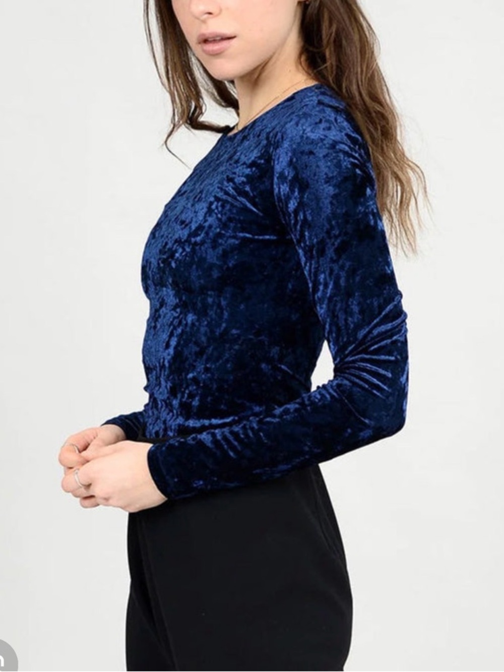 Second Skin Crushed Velvet Long-Sleeve Bodysuit - Navy Blue size M